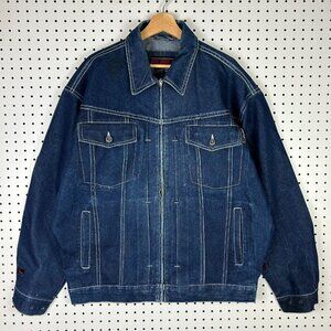 FUBU Denim Y2K Trucker Jacket Mens Large 90s Streetwear Blue Full Zip READ Skate